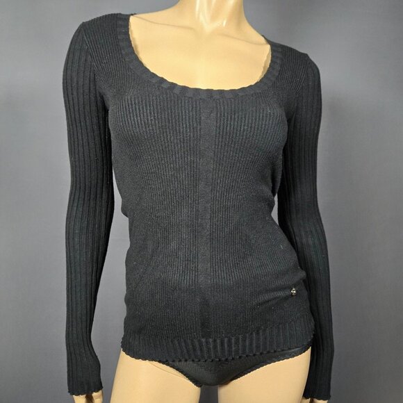 Y2K Parasuco Black Skinny Ribbed Long Sleeve Sweater Size S Goth Grunge Academia - Picture 1 of 9